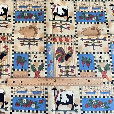 1.2 YD Vintage Heartland Farm Fabric Tan Blue Quilting Cotton Leslie Beck - Image 1 of 4