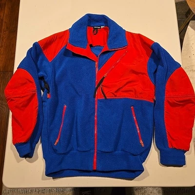 Jaqueta de lã feminina vintage Marmot com zíper completo. Tamanho S, vermelho/azul. Feito nos EUA. - Imagem 1 de 4