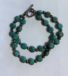 Silver Tone & Faux Turquoise Stone Two Strand Fashion Bracelet 7.25” Long - Picture 1 of 7