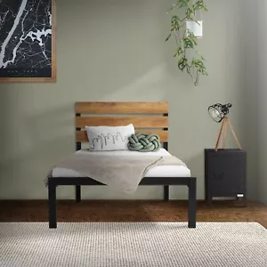 Marco metálico negro con cabecero de madera cama somier para dormitorio 90x200cm - Imagen 1 de 7