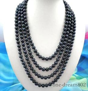 S1093 100 Zoll 10 mm Runde Schwarze Süßwasserperlen Halskette - Bild 1 von 3