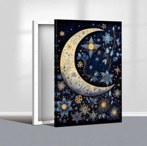 Crescent Moon Floral Canvas Wall Art Blue Gold Stars - Picture 1 of 46