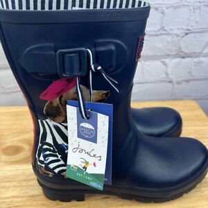 Joules womens Molly welly navy sausage dog rain boots Size 7 NWT
