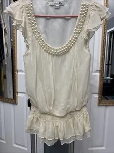 Forever 21 Womens Top Sz Small Cream Sheer Sleeveless Pearl Beaded Neckline - Picture 1 of 4