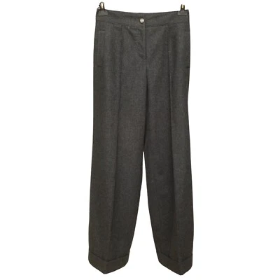 Pantalón CHANEL Gris Pierna Ancha Lana Puños Plata Botón Forro Seda Talla 40 Foto 1 de 4