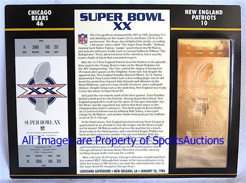 SUPER BOWL 20 ~ CHICAGO BEARS vs PATRIOTS Willabee & Ward 22KT GOLD TICKET SB XX Cover