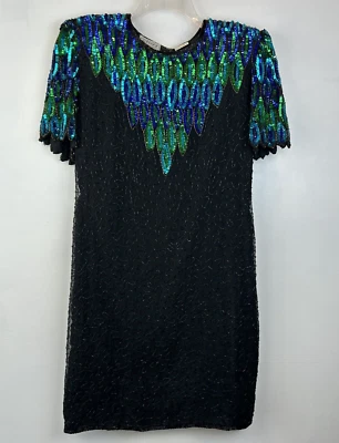 Vtg 80 Stenay Women Black Silk Sequin Bead Cocktail Dress Sz 12 P Evening Read - Image 1 of 4