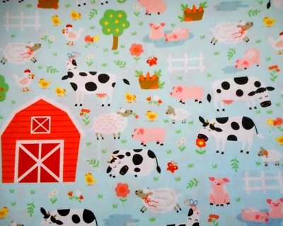 Kaufman Baby Fabric By Yard Cuddly Countryside Farm Animals on Lt Blue Cotton - Image 1 of 2