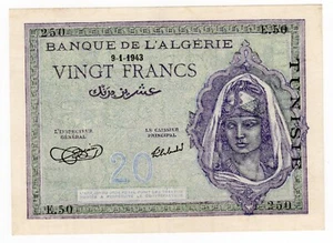 TUNISIA P-17a 20 Francs 9 January 1943 Nice Grade - Picture 1 of 6