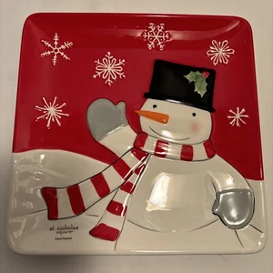 St Nicholas Square New Square Plate 9.5 Inch Red Embossed Snowman & Snowflakes - Picture 1 of 8