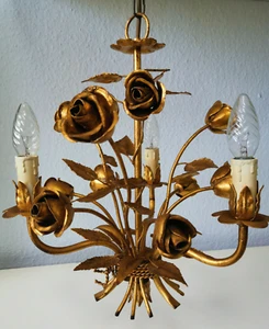 Hans Kögl Florentiner Kronleuchter Hängelampe Vintage Metallrosen-Blätter-Blumen - Bild 1 von 12