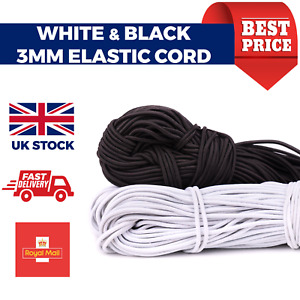  3mm Elastic Cord SOFT Round Strap Sewing Craft For Face Mask Black or White 