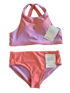 NWT**Athleta Girl Reversible Bikini Set **XXL 16**Pink Coral Stripe/Solid - Picture 1 of 9