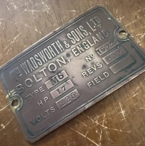 Vintage machine plate Plaque Advertising Sign Wm Wadsworth Bolton Lancashire Old - Picture 1 of 7