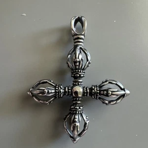 Tibetan Stainless Cross Vajra Dorje Amulet Keychain Pendant Buddhist Ritual Tool - Picture 1 of 6