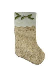 Christmas Stocking White Satin Cream Crochet Lace Holly Leaves Vintage Style 18" - Picture 1 of 9