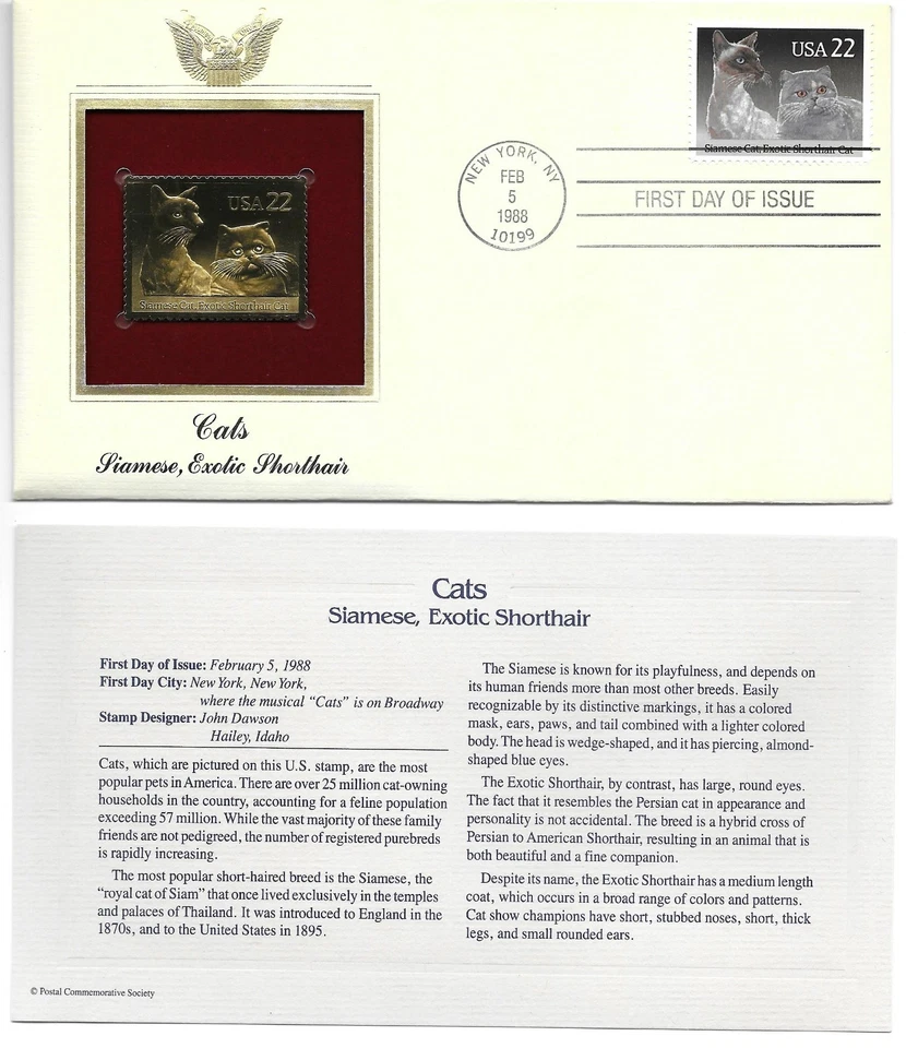 Cats--Siamese, Exotic Shorthair--1st day issue-Golden Replica - Image 1 of 1