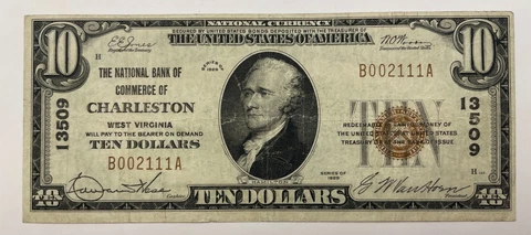 National Bank of Commerce Charleston WV National Banknote $10 1929 West Virginia Cover
