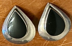 Black Onyx Teardrop Earrings Clip On Sterling Silver 925 1.1”Hx0.8W Vintage - Picture 1 of 9