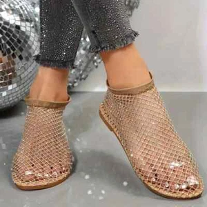 Women's Summer Round Toe Hollow Flat Sandals With Rhinestones Mesh 9 Khaki Beige - Picture 1 of 7