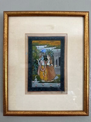 Pintura de seda miniatura india de mediados de siglo bellas artes Radha Krishna India Foto 1 de 4