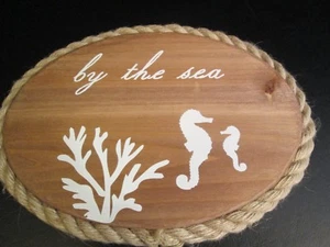 "By the Sea" Wooden Oval Plaque with Rope Trim, 13" - Picture 1 of 2