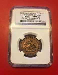 1857 CANADA PC-5D 1/2 C BANK OF UPPER CANADA TOKEN NGC XF DETAILS - Picture 1 of 2