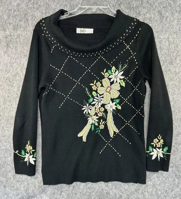 Suéter de Navidad Kikit de Colección Talla M Negro Apliques Florales de Pascua Foto 1 de 4