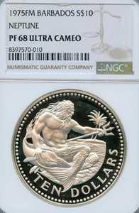 BARBADOS $10 DOLLARS SILVER PROOF CROWN 1975 PF-68 UCAM NGC NICE NEPTUNE MAHI - Picture 1 of 2