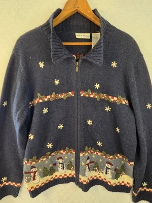 Croft & Barrow Christmas Holiday Cardigan Womens Petite L Embroidered Snowman - Image 1 of 4