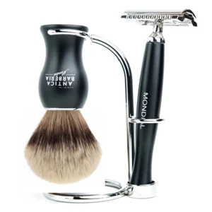 Mondial Italian Shaving Brush Kit Men 3pc - Metal Safet Razor, Super Badger - Picture 1 of 7