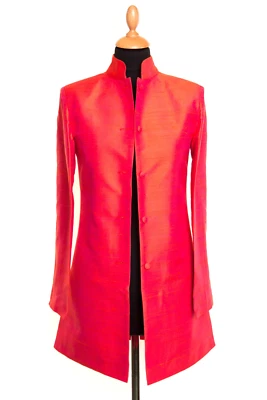 Abrigo de mujer con cuello Nehru, chaqueta naranja, rosa intenso blazer de seda cruda personalizado UK12 Foto 1 de 4