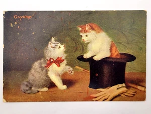 Cat Kitten Greetings Playing in Top Hat Antique 1911 Postcard Used Unposted - Picture 1 of 2