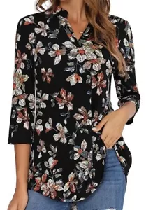 BAISHENGGT Womens 3/4 Sleeve Floral Printed Notch V Neck Blouses Tunics Top XXL - Picture 1 of 4