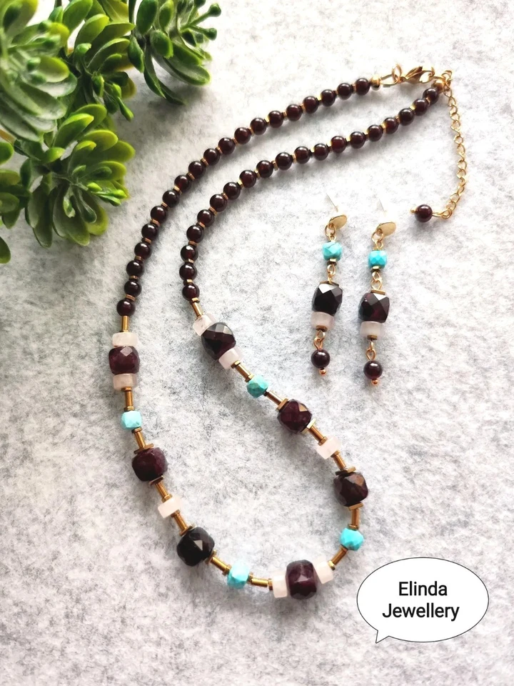 Schmuck Set Ohrhänger Collier Edelstein Granat - Bild 1 von 4