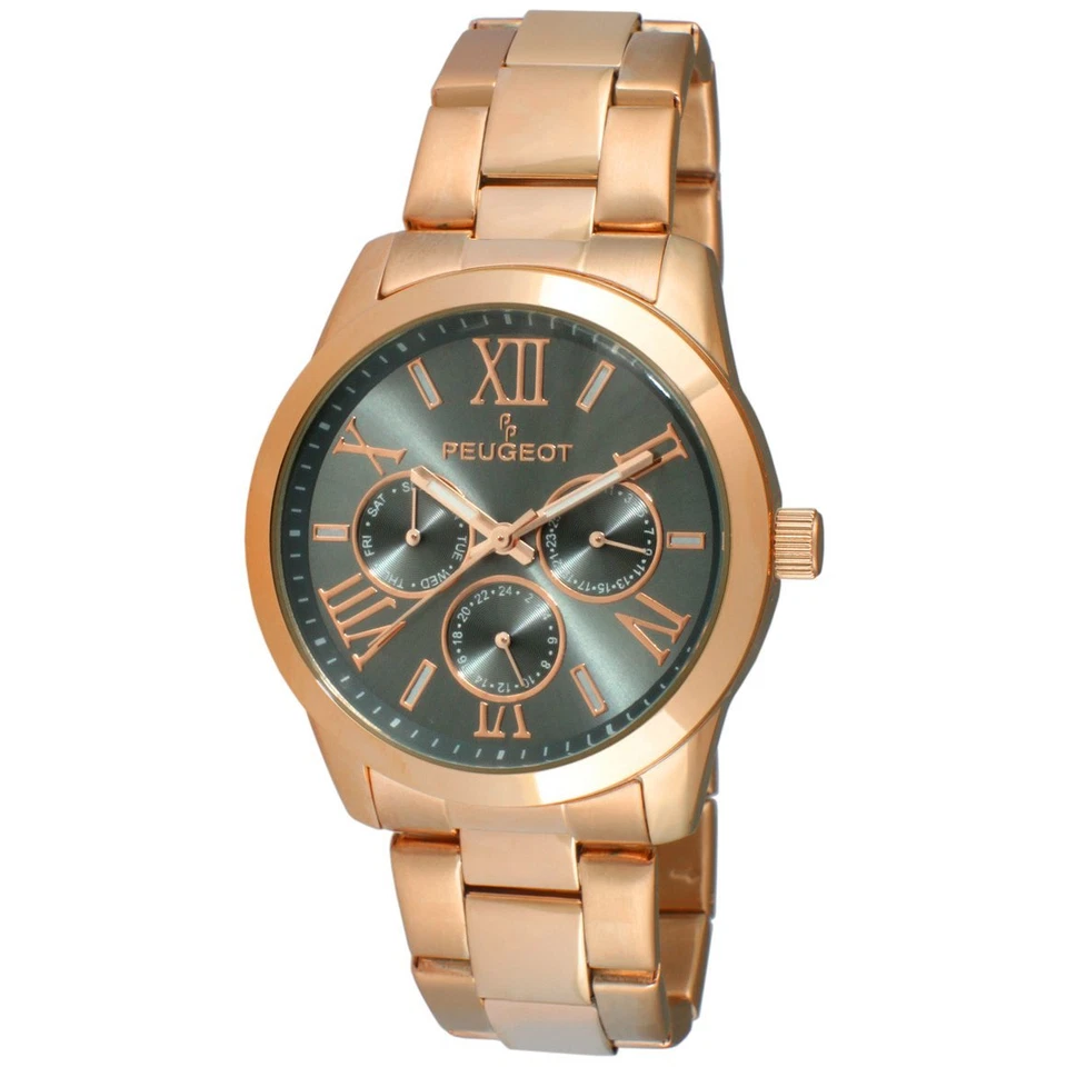Reloj para mujer Peugeot 7095 día/fecha esfera gris tono oro rosa acero inoxidable Foto 1 de 4