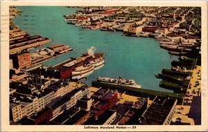 Baltimore Maryland Harbor Aerial View Posted 1944 Linen Postcard 2L - Picture 1 of 2