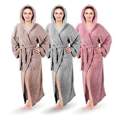 Damen Bademantel lang Morgenmantel Saunamantel flauschig Sauna Spa Kapuzenmantel - Bild 1 von 4