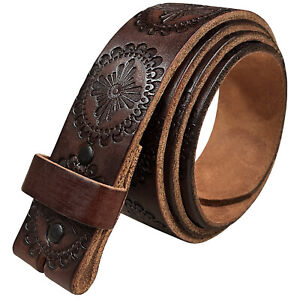  Floral Engraved One Piece Genuine Full Grain Leather Belt Strap 1-1/2" Wide