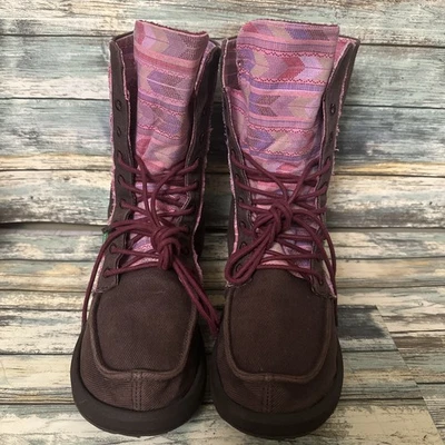 Sanuk Boots Women 9M Stevie Shoes Brown Canvas mid Calf Boho Festival Sidewalk - Image 1 of 4