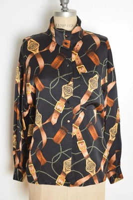 vintage 80s silk blouse black scarf print secretary top shirt equestrian M - Image 1 of 4