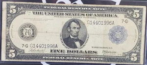Series of 1914 US $5 Federal Reserve Note (F-868) - Fine Condition - Picture 1 of 2