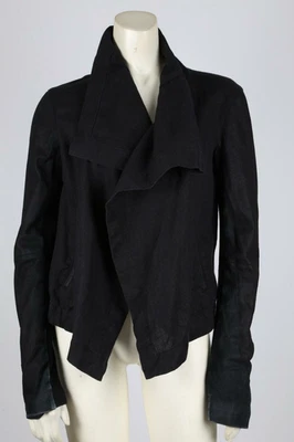 VEDA Black Linen Contrasted Leather Sleeve Waterfall Open Front Jacket Size M - Image 1 of 4