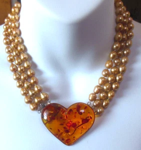 Collar de perlas cultivadas barroco dorado del mar del sur de 3 hebras con broche de corazón ámbar 925 - Imagen 1 de 4