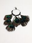 Single Peacock Feather Hook Earring With Black Acrylic Faceted Beads. 