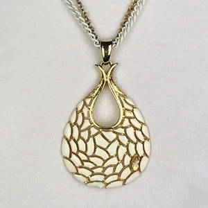 Teardrop Pendant Necklace Gold Tone White Enamel Gold and White Chains 24.75” - Picture 1 of 4
