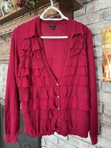 Nice Ann Taylor Cardigan Ruffled Tiers Lipstick Fuchsia Red Deep V Neck Sz Large - Picture 1 of 5
