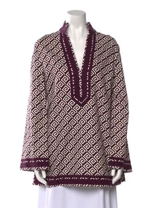 Tory Burch Boho Tunic Top Size 4 Purple Printed V-Neck Long Sleeve - Picture 1 of 6