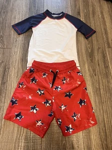 Tommy Bahama Kids Boys 2 Piece Bathing Suit Red White Blue Stars Size 5 - 6 - Picture 1 of 4