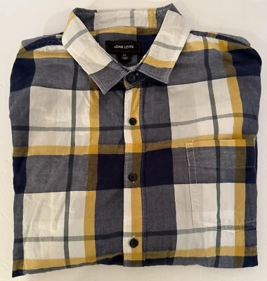 Camisa con botones Adam Levine para hombre XL a cuadros manga larga algodón-azul amarillo blanco Foto 1 de 4